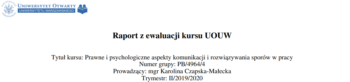 Raport z ewaluacji kursu UOUW Prawne i psychologiczne aspekty komunikacji i rozwiązywania sporów w pracy